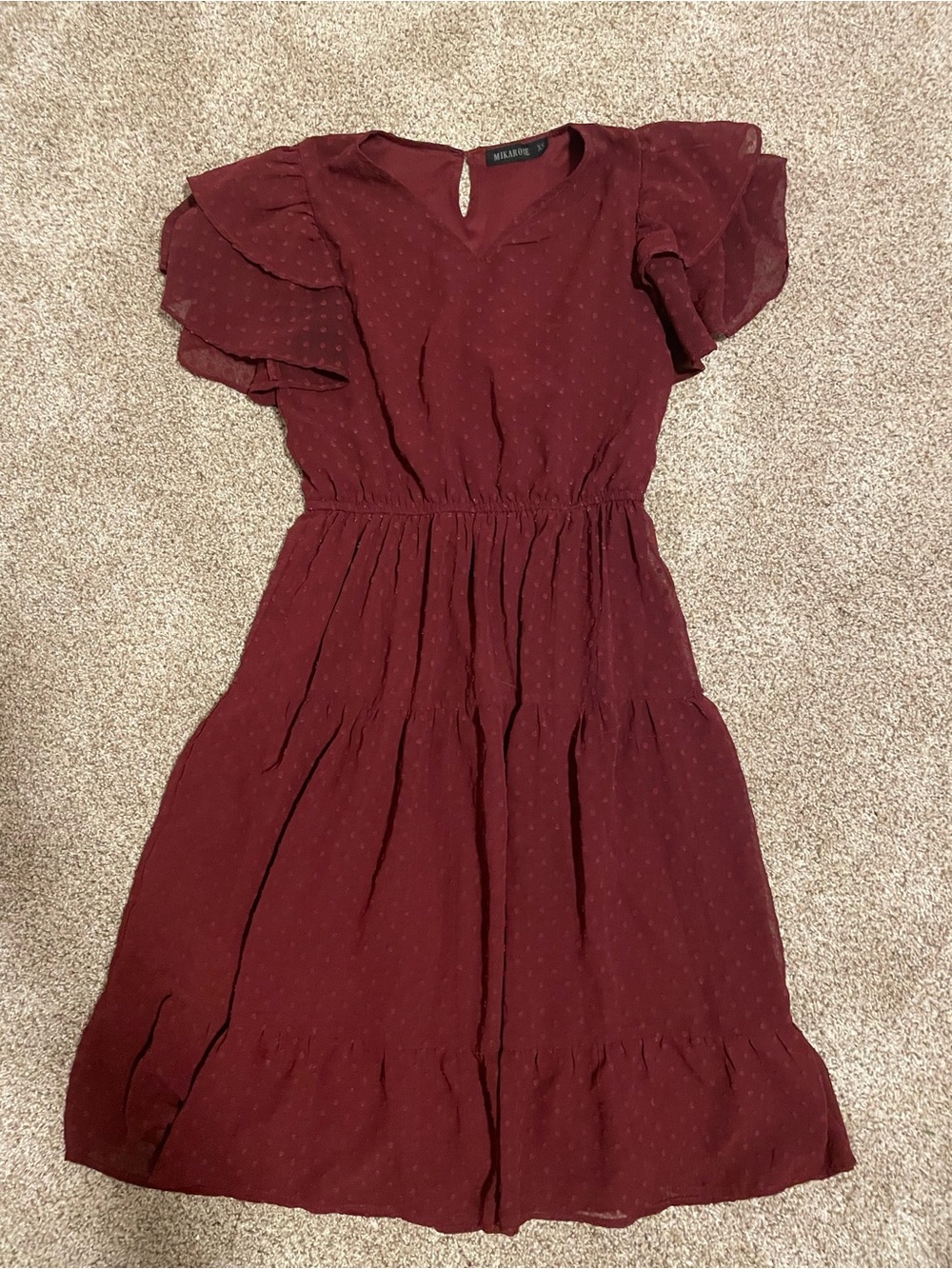 Mikarose Burgundy Midi Dress with Flutter Sleeves